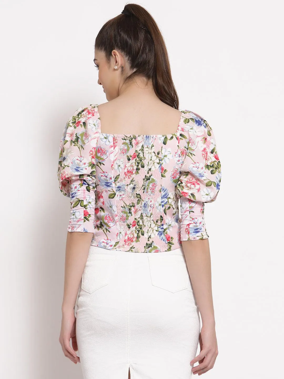 Style Quotient White  Pink Floral Printed Crepe Fitted Top