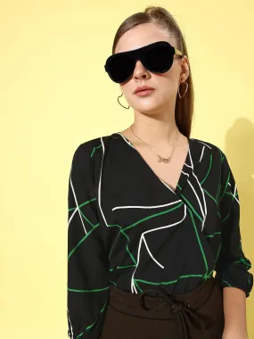 Style Quotient Women Black & Green Geometric Print Wrap Top