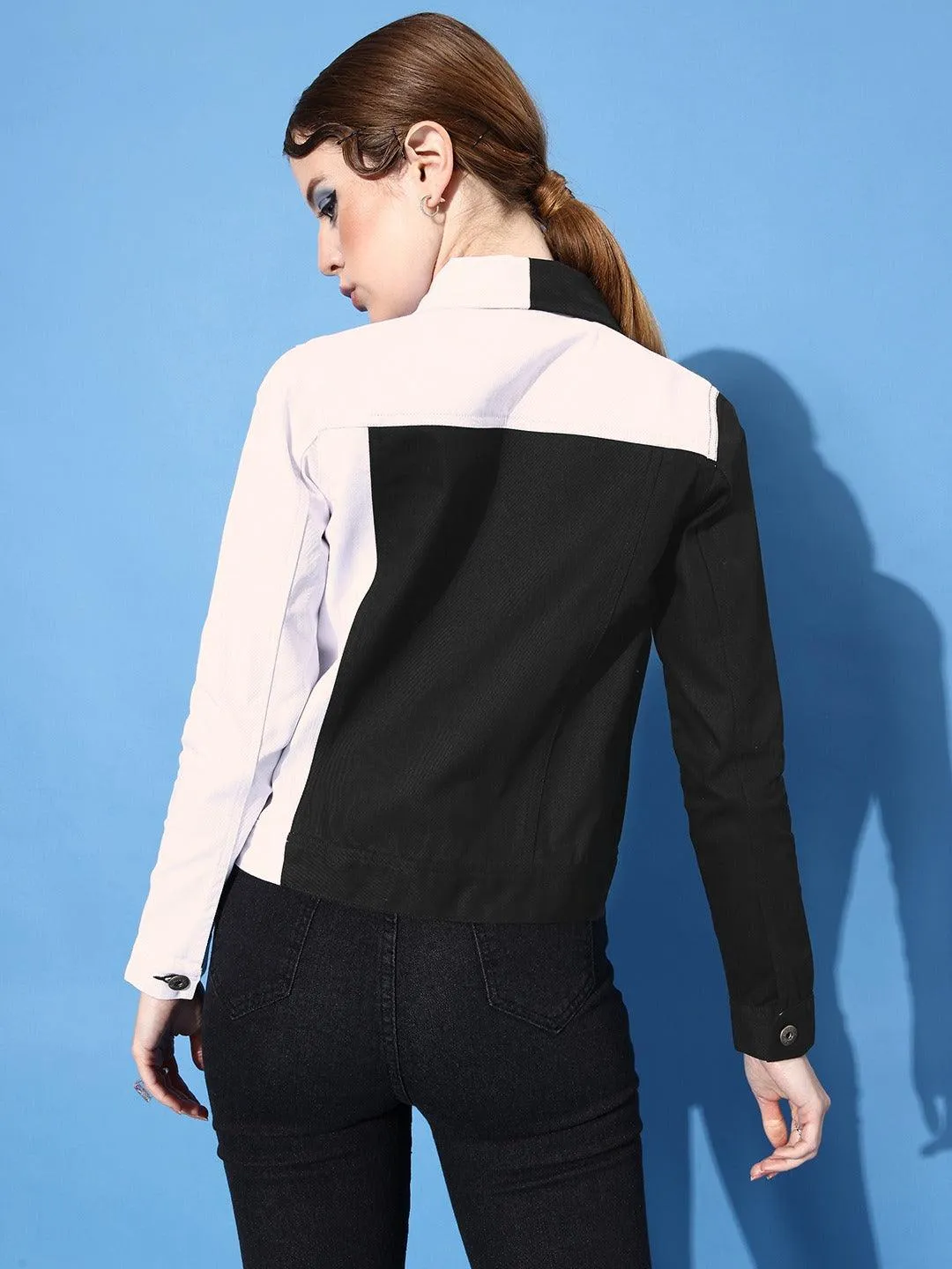 Style Quotient Women Black & White Colourblocked Denim Jacket