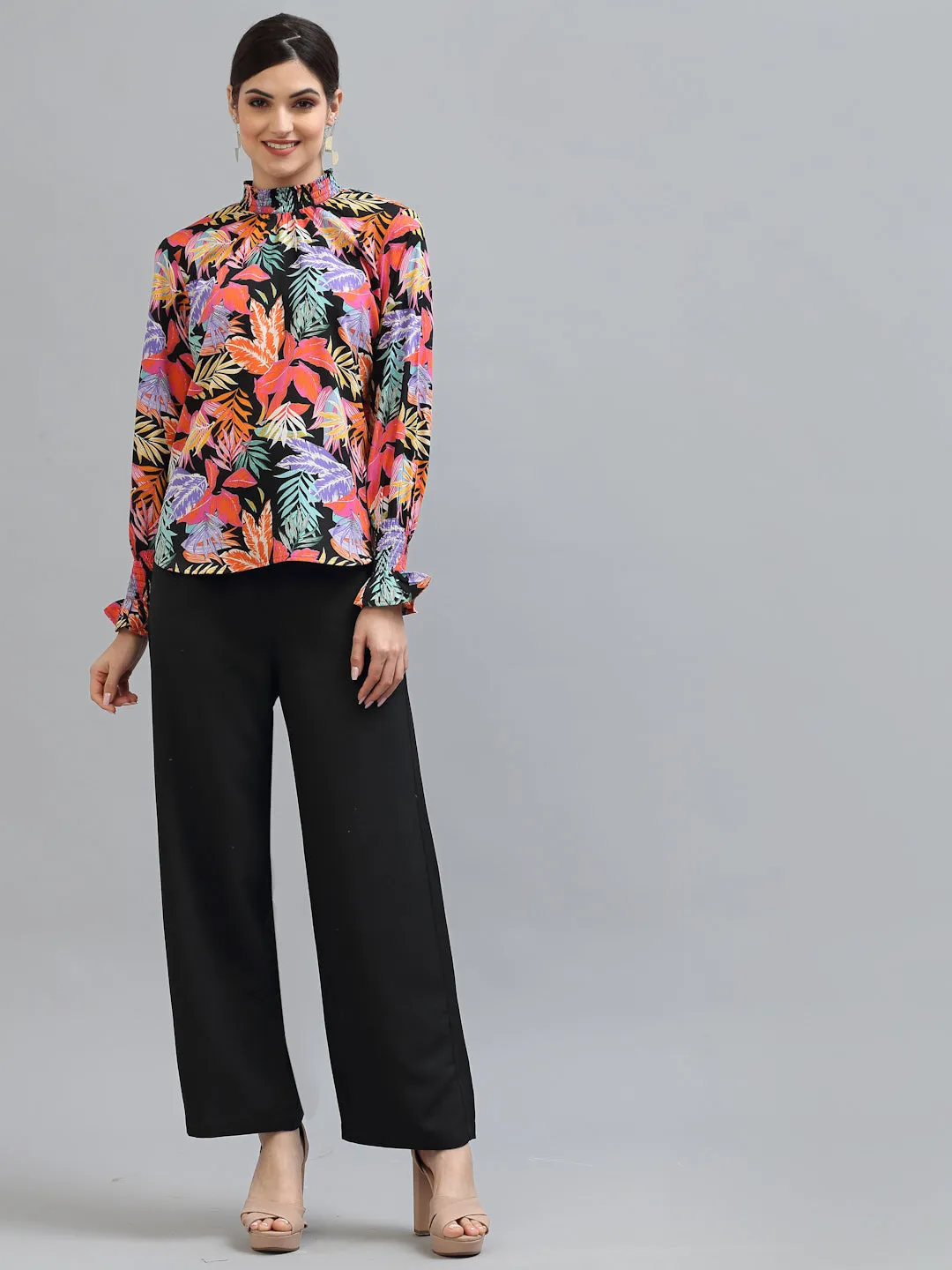 Style Quotient Women Black Floral Print Crepe Top