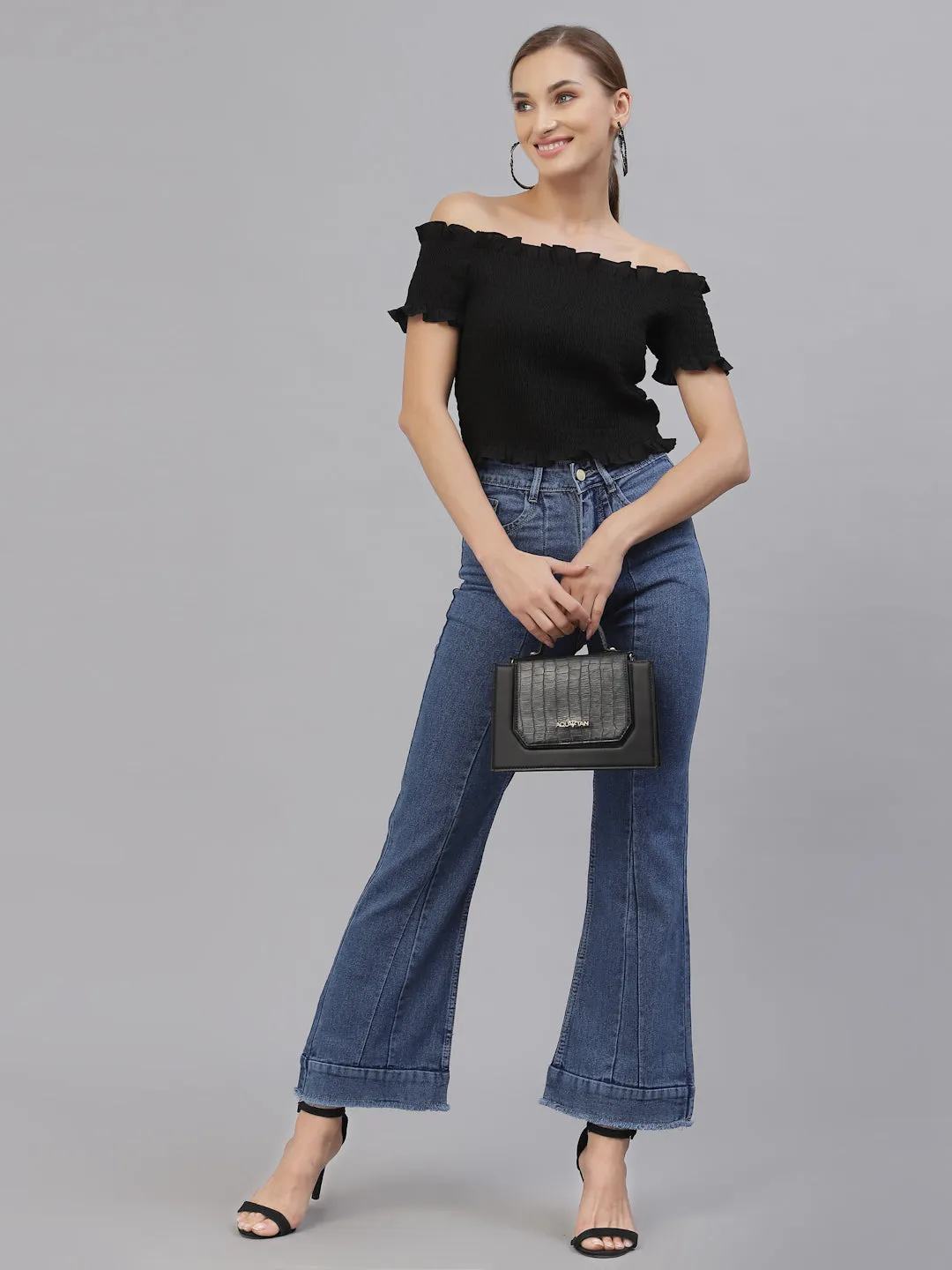 Style Quotient Women Black Off-Shoulder Bardot Top