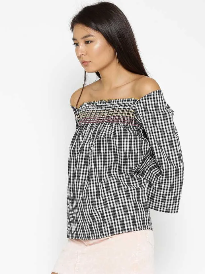 Style Quotient Women Black Off-Shoulder Checkered Fashion Tops