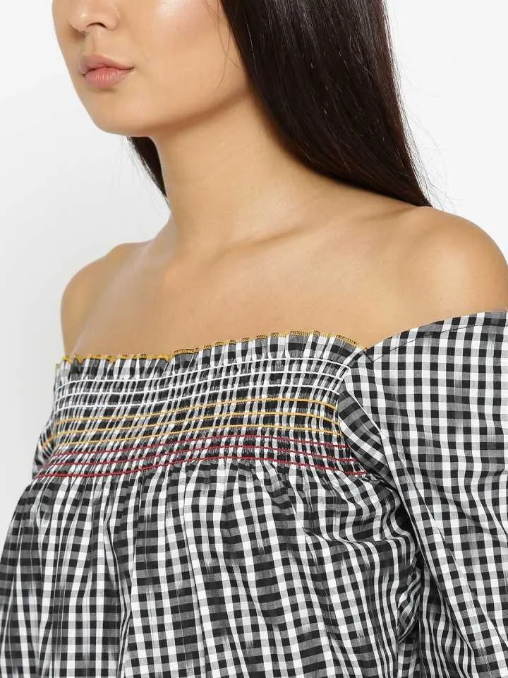 Style Quotient Women Black Off-Shoulder Checkered Fashion Tops