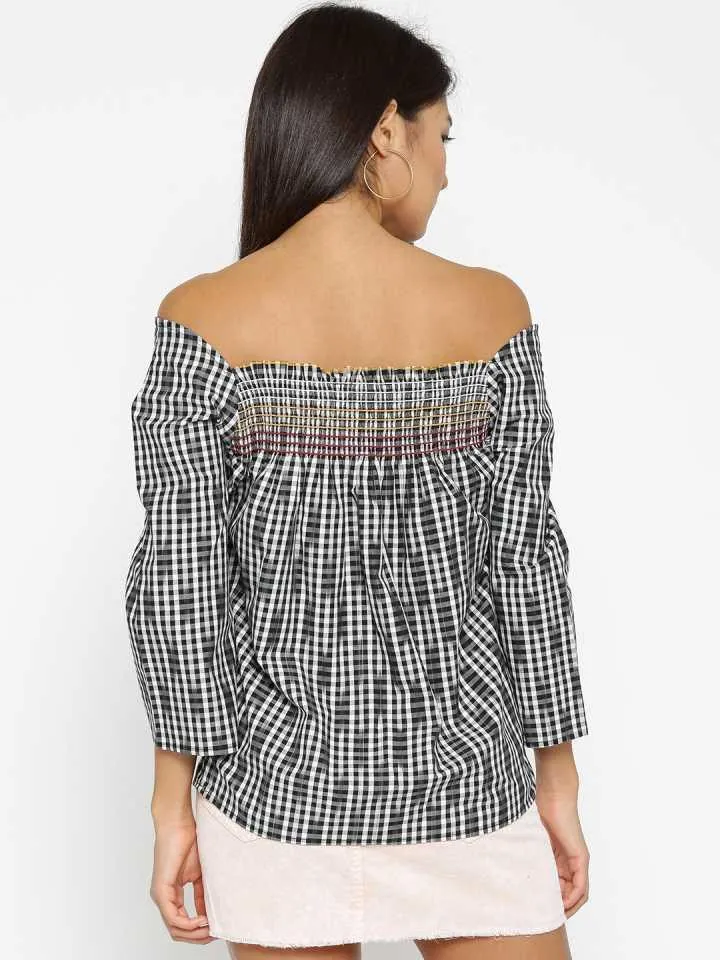 Style Quotient Women Black Off-Shoulder Checkered Fashion Tops