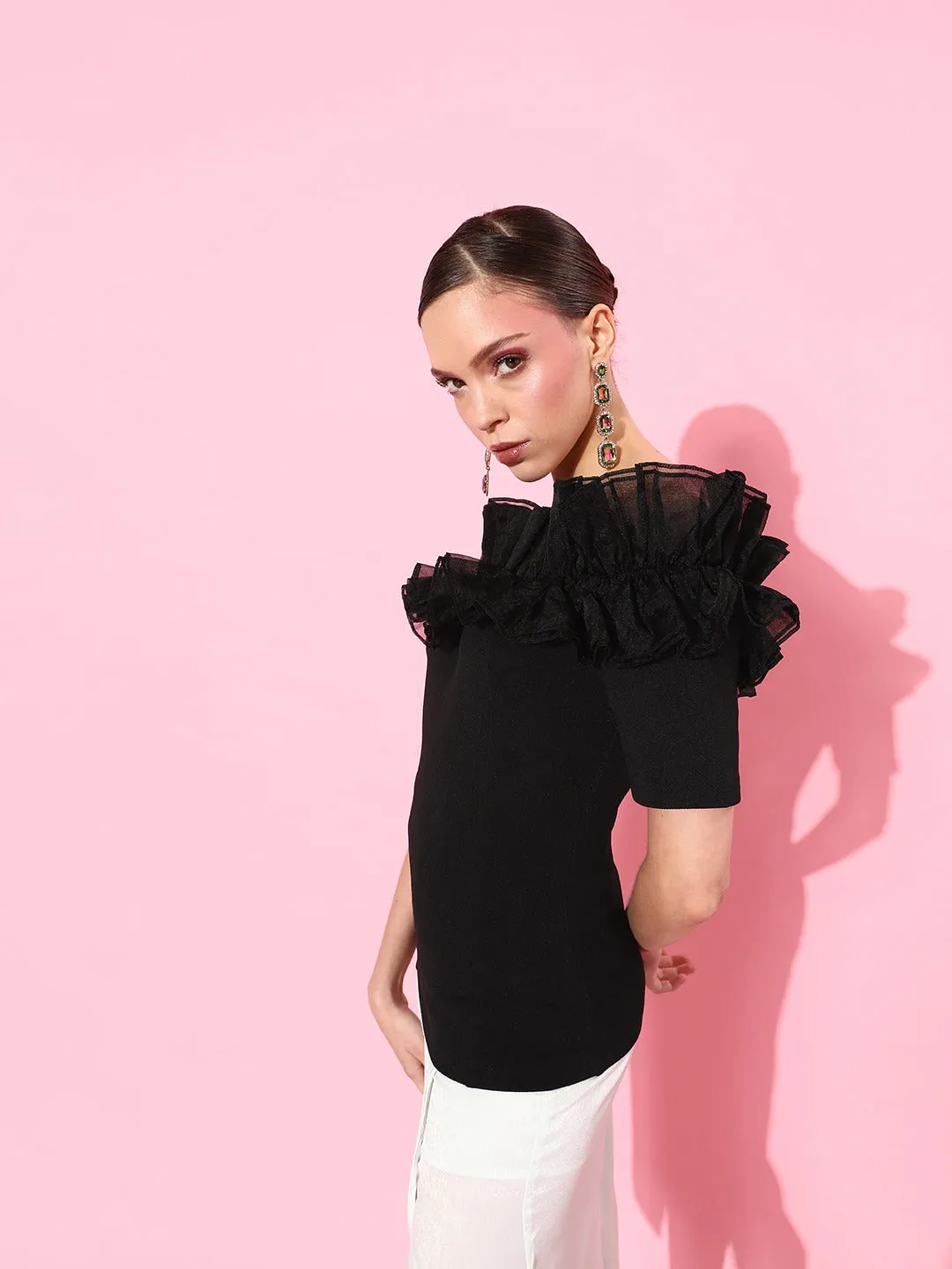 Style Quotient Women Black Off-Shoulder Ruffles Top