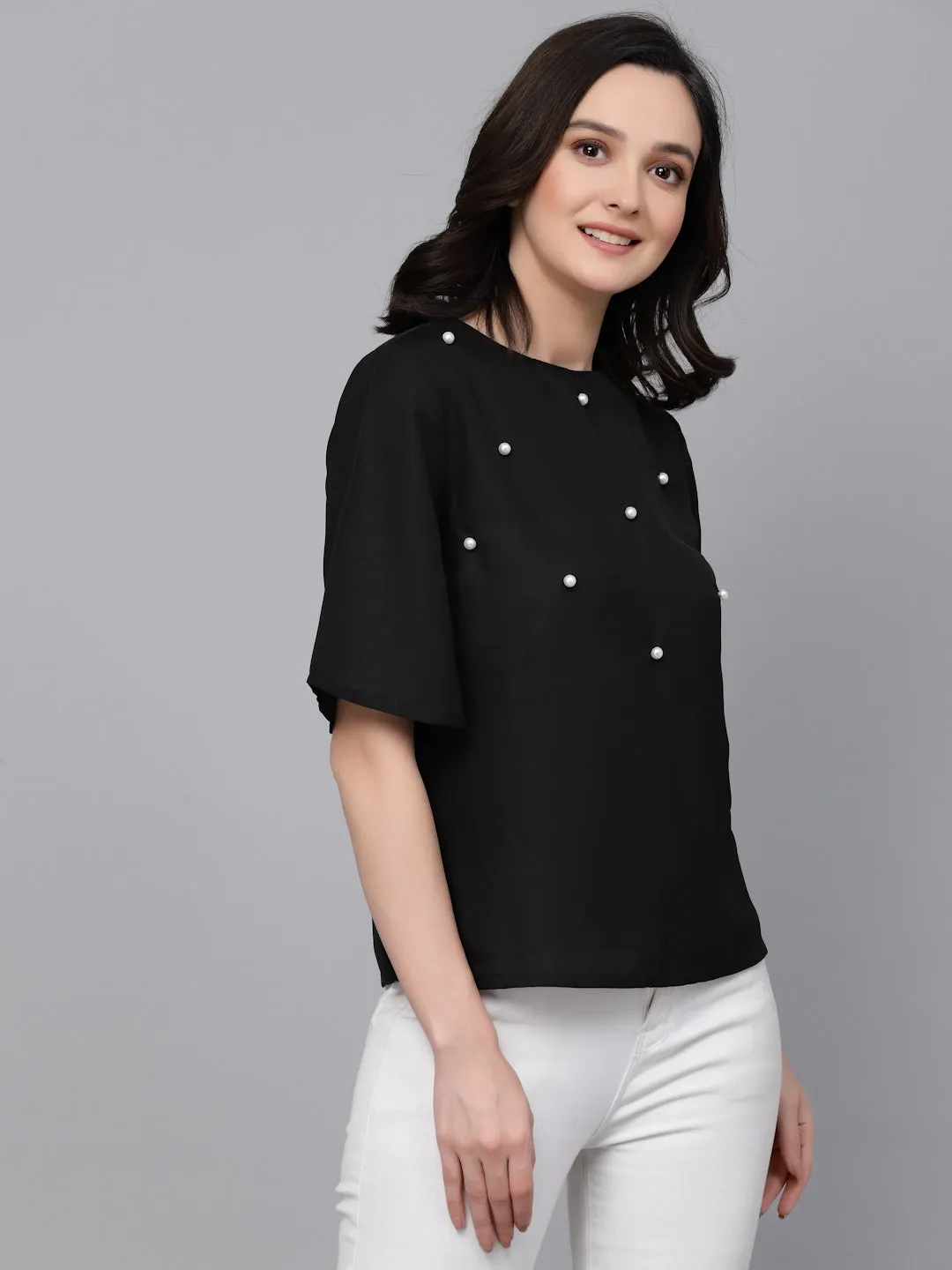 Style Quotient Women Black Polyester Regular Smart Casual Top