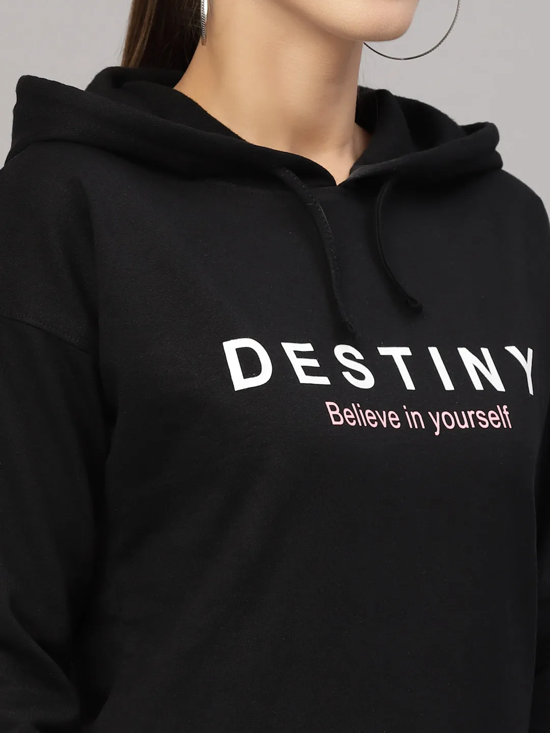 Style Quotient Women Black Printed Hooded Sweatshirt