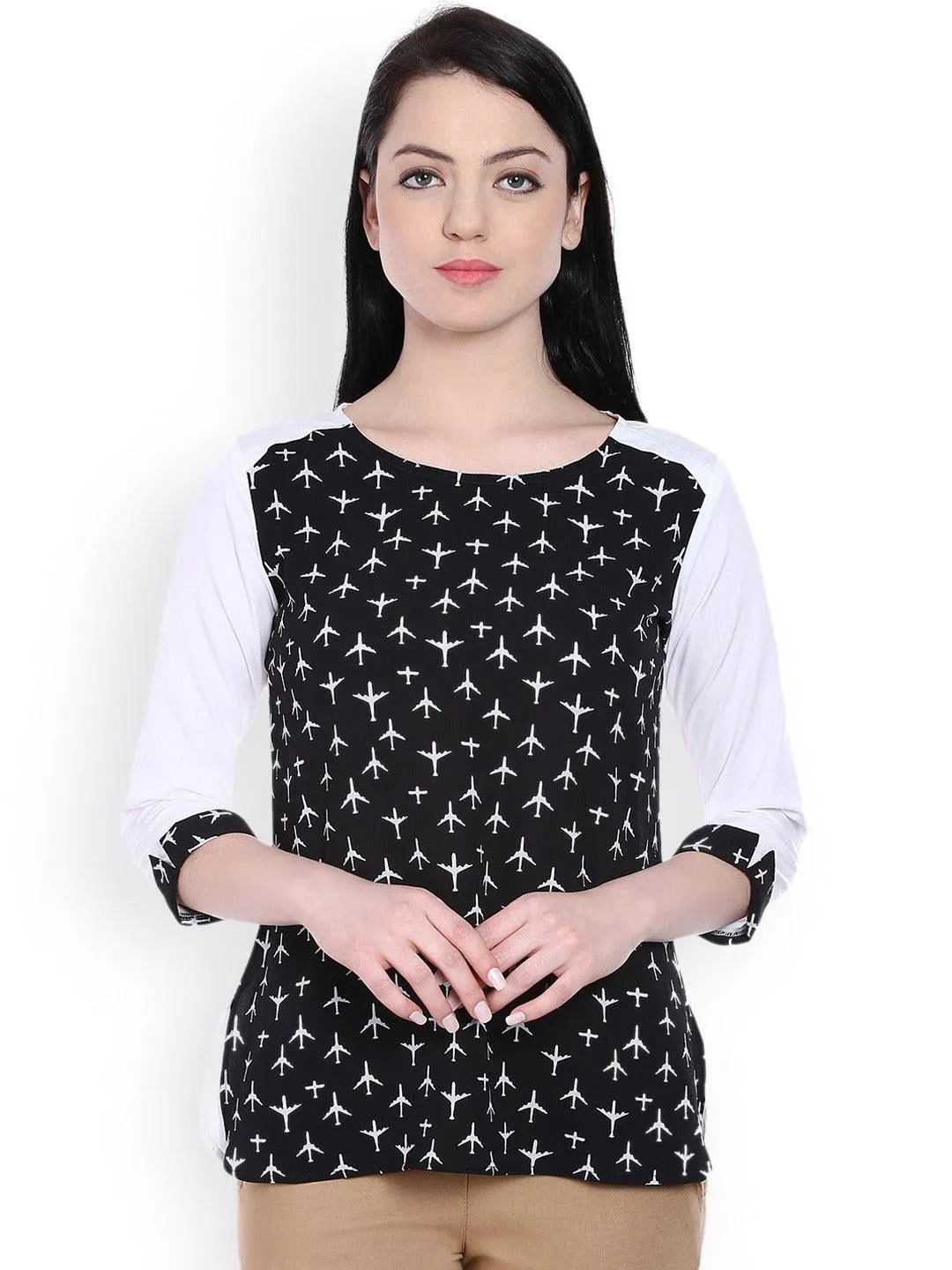 Style Quotient Women Black Round Neck Conversational Fashion Tops