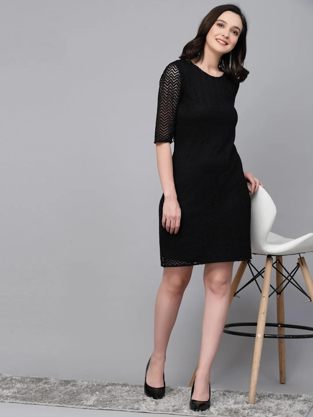 Style Quotient Women Black Self Design Lace Smart Casual Dress