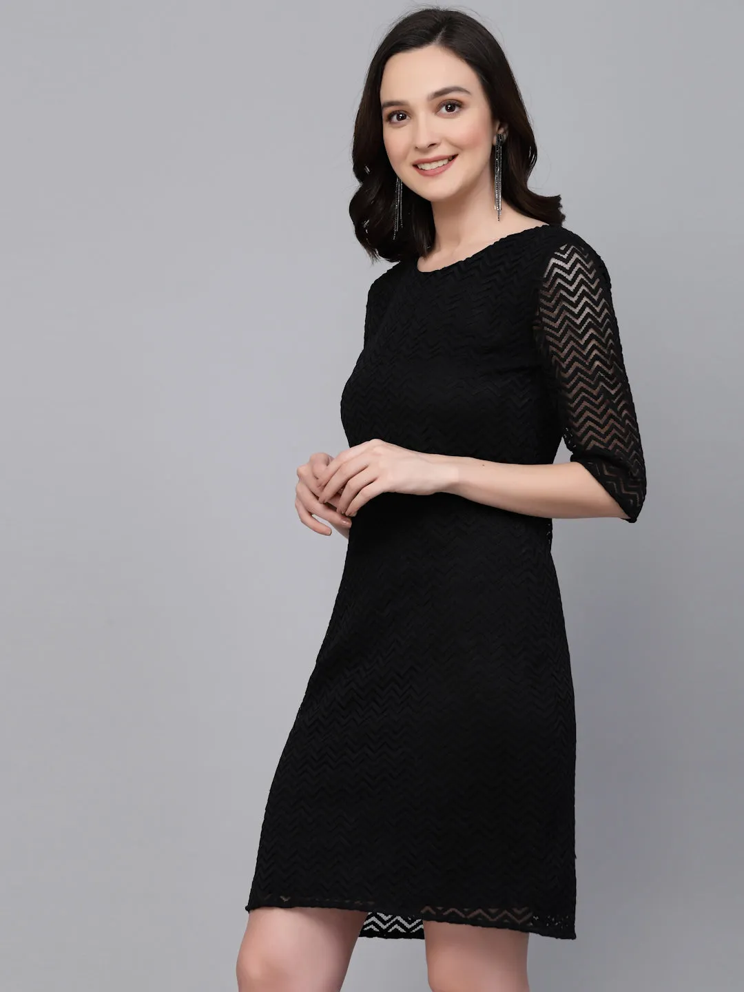 Style Quotient Women Black Self Design Lace Smart Casual Dress