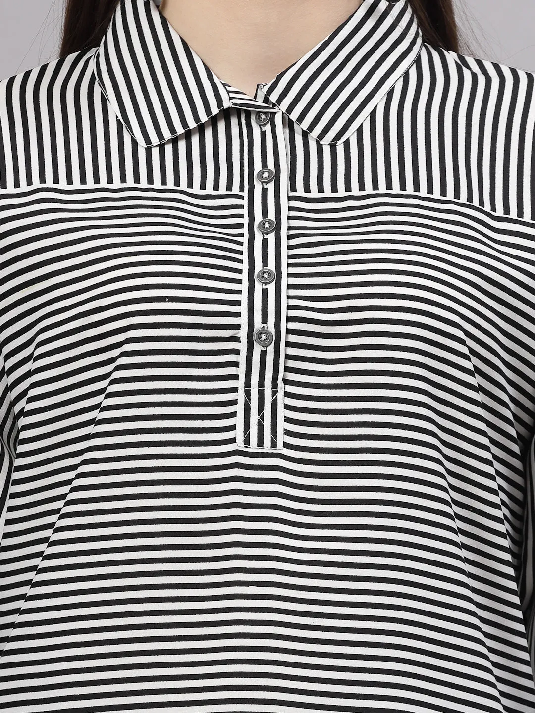 Style Quotient Women Black White Stripe Polyester Smart Casual Top