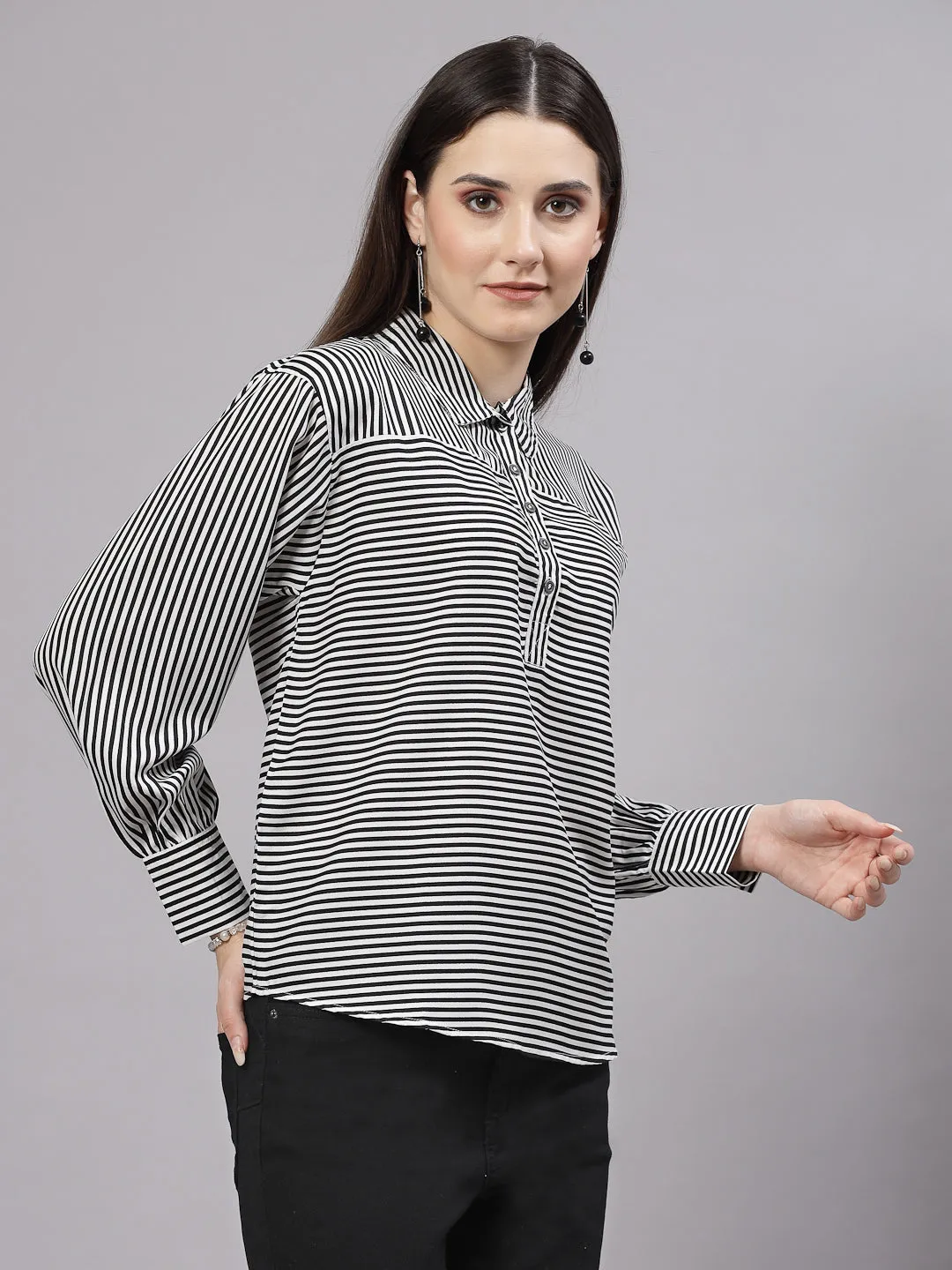 Style Quotient Women Black White Stripe Polyester Smart Casual Top