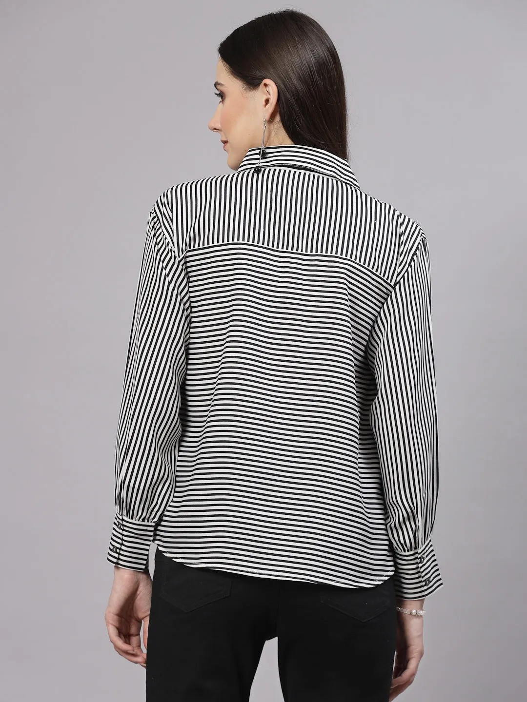 Style Quotient Women Black White Stripe Polyester Smart Casual Top