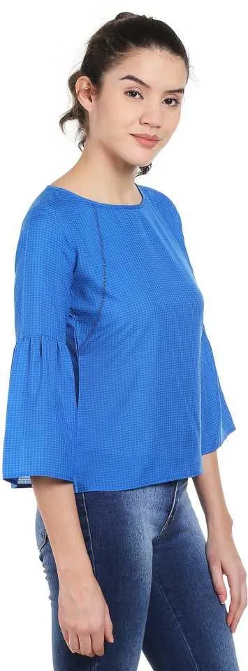 Style Quotient Women Blue Boat Neck Checkered Fashion Tops