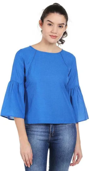 Style Quotient Women Blue Boat Neck Checkered Fashion Tops