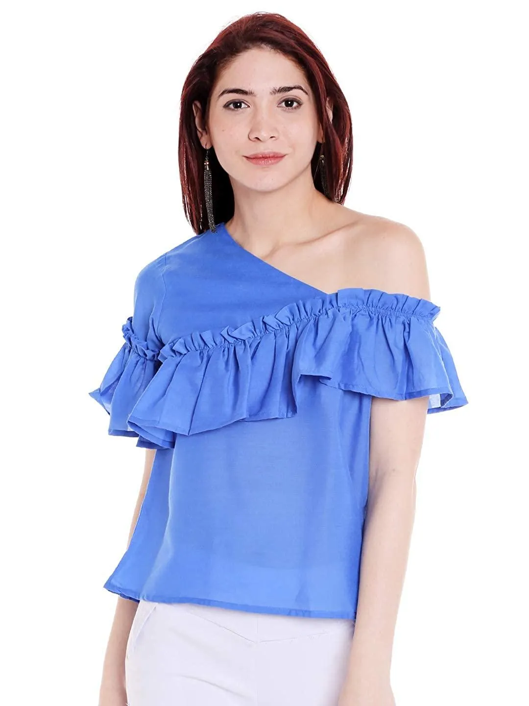 Style Quotient Women Blue One Shoulder Solid Fashion Tops