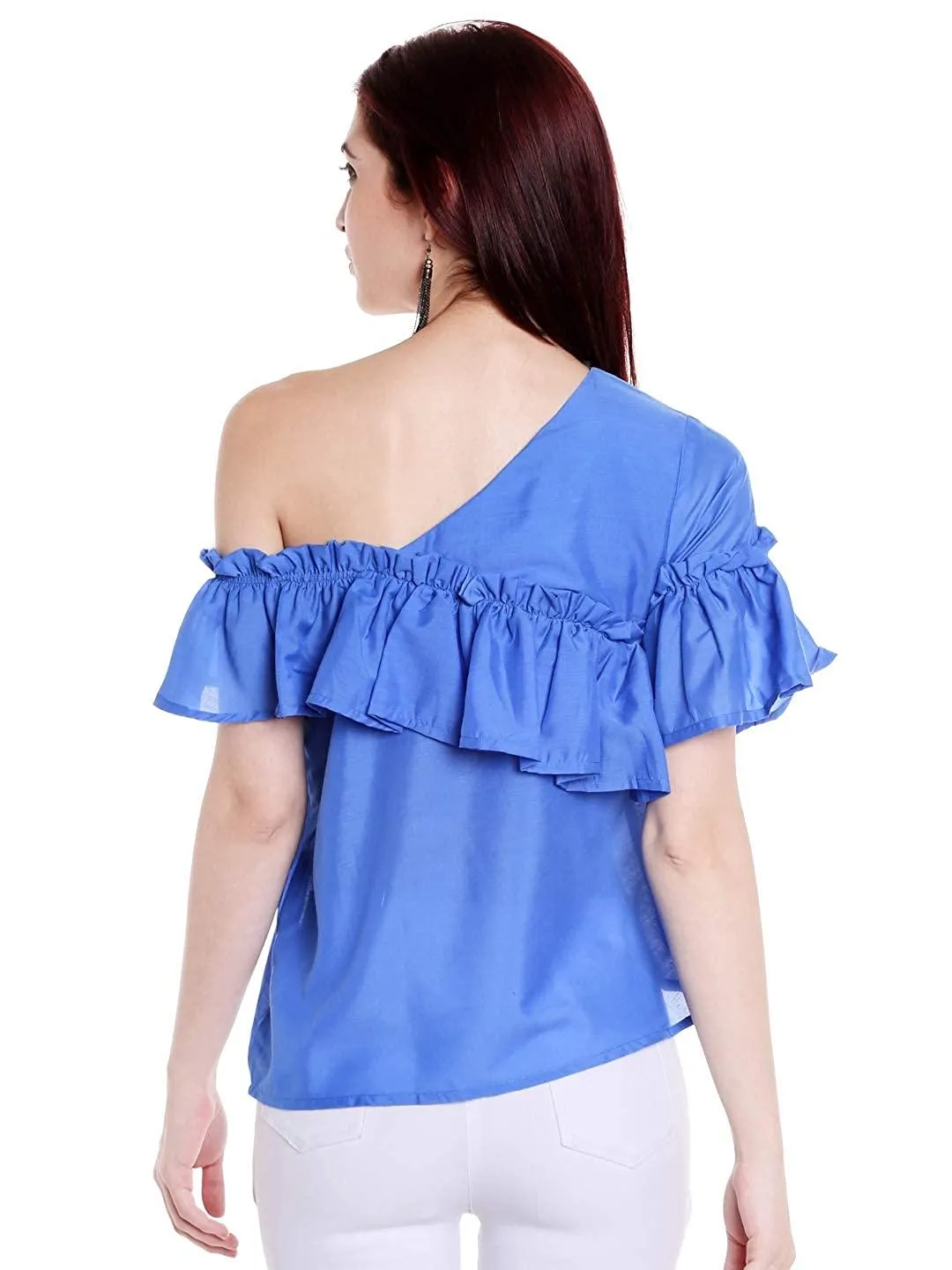 Style Quotient Women Blue One Shoulder Solid Fashion Tops