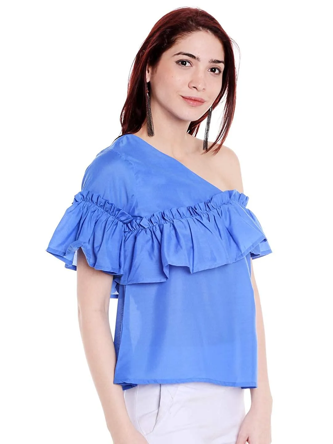 Style Quotient Women Blue One Shoulder Solid Fashion Tops