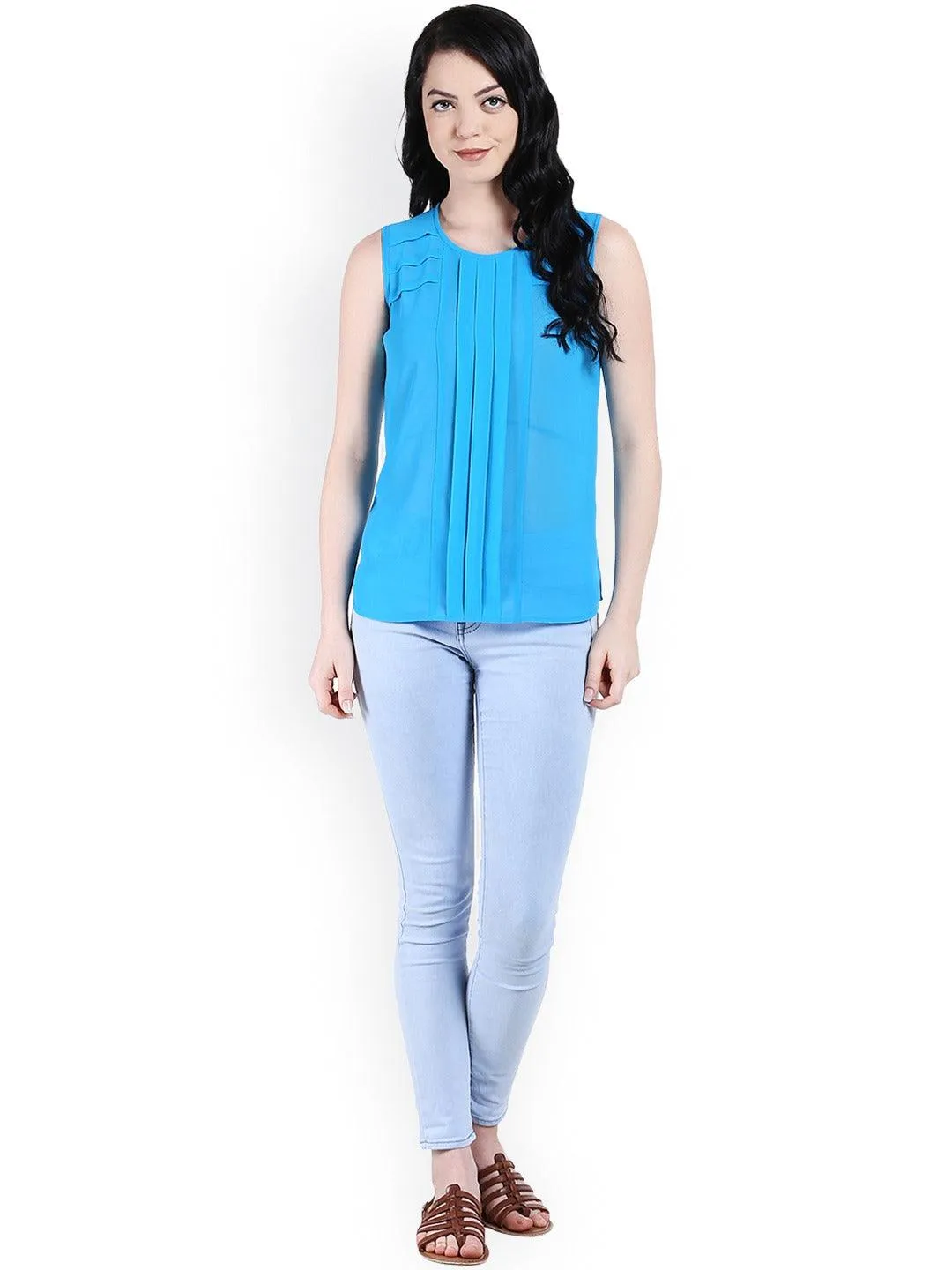 Style Quotient Women Blue Round Neck Solid Fashion Tops