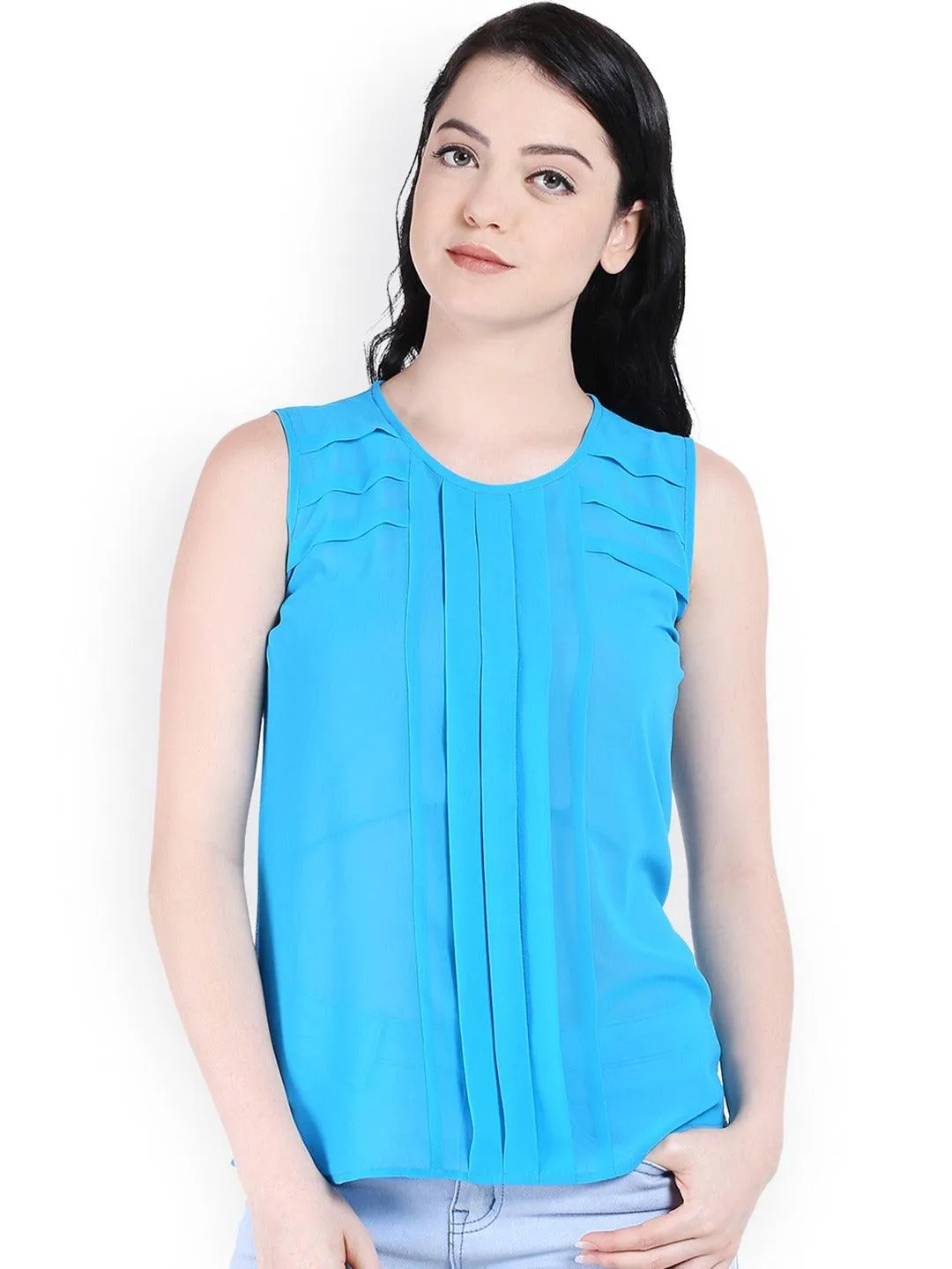 Style Quotient Women Blue Round Neck Solid Fashion Tops