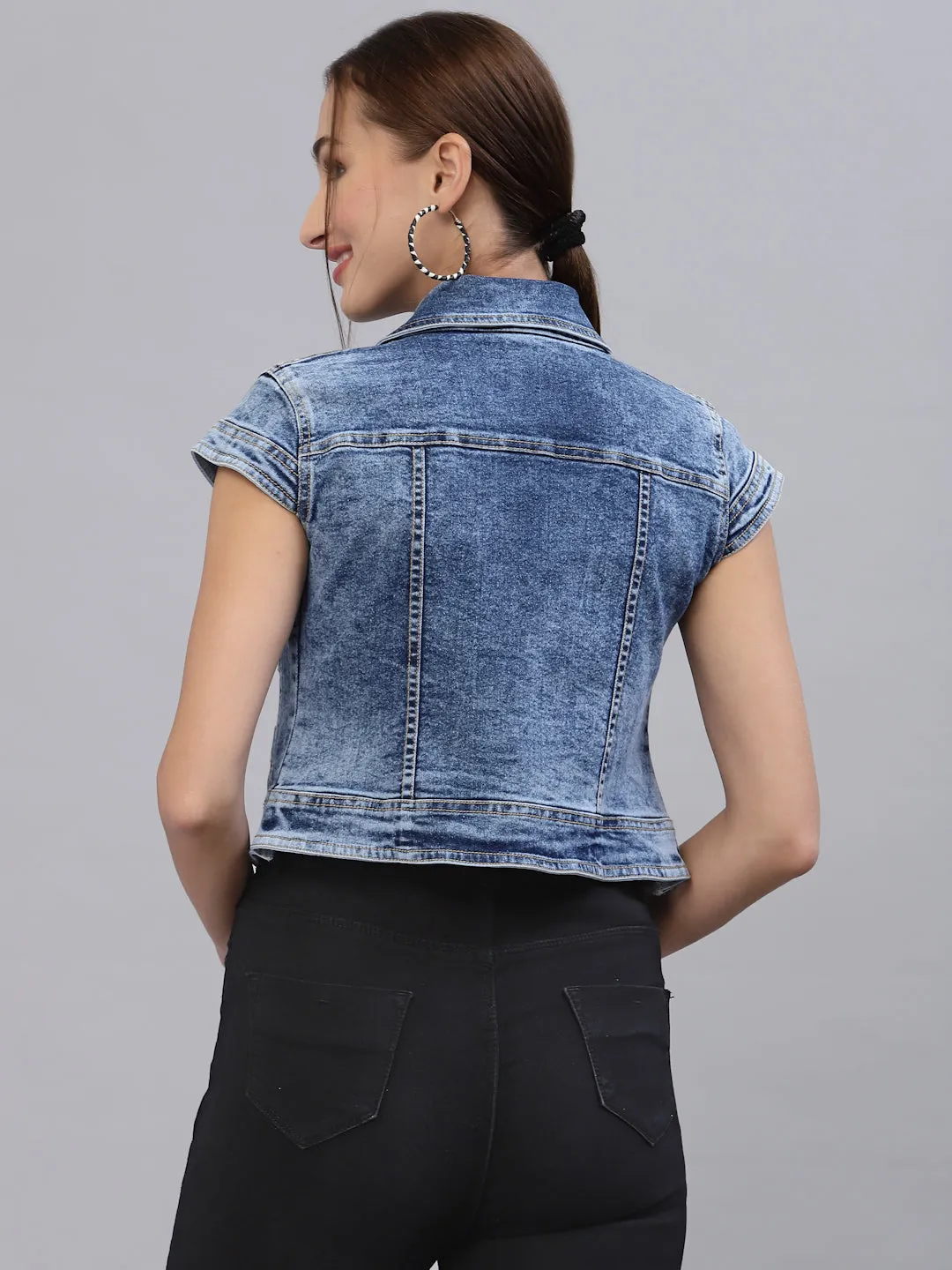 Style Quotient Women Blue Washed Checked Crop Denim Jacket