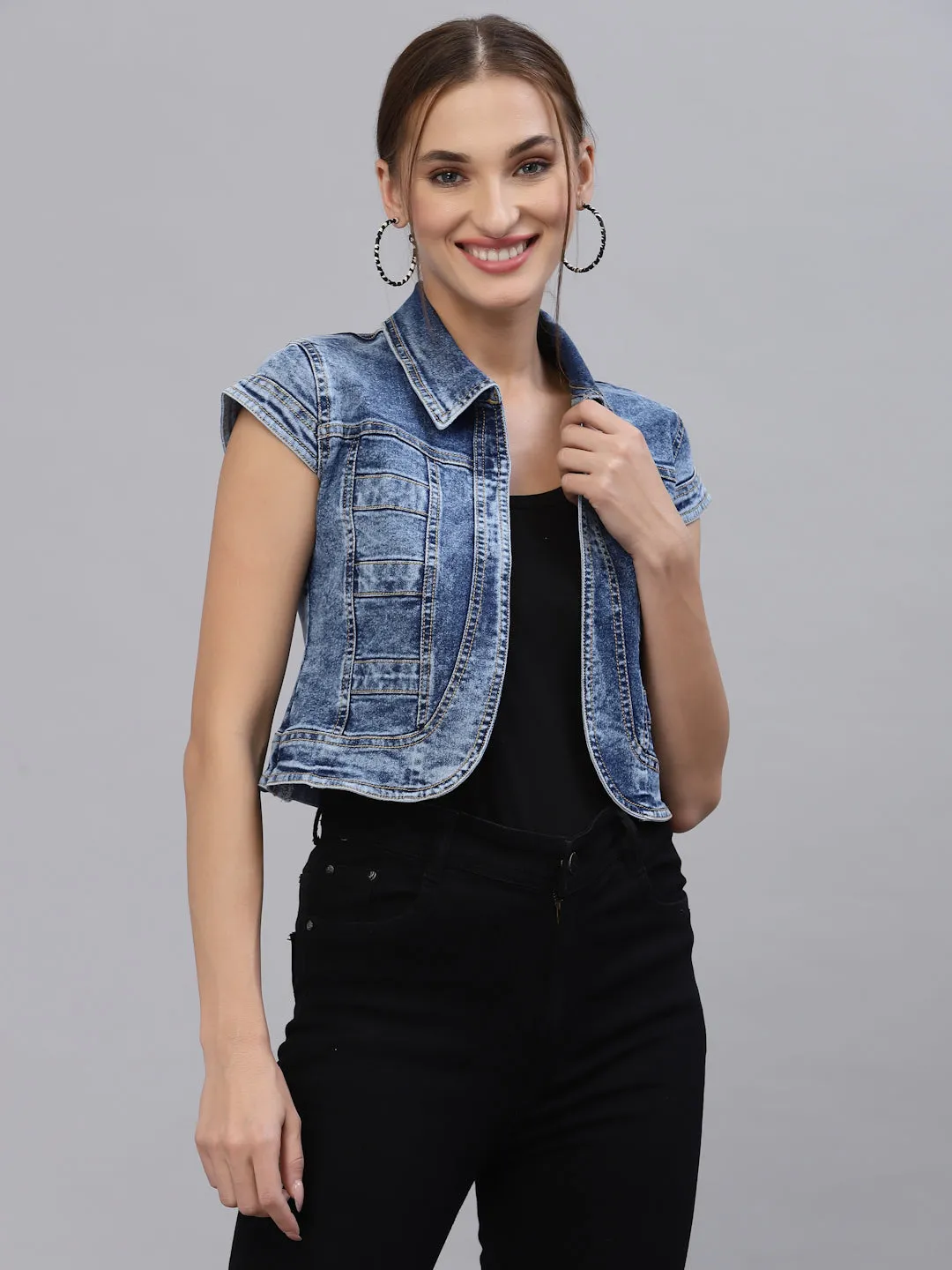 Style Quotient Women Blue Washed Checked Crop Denim Jacket