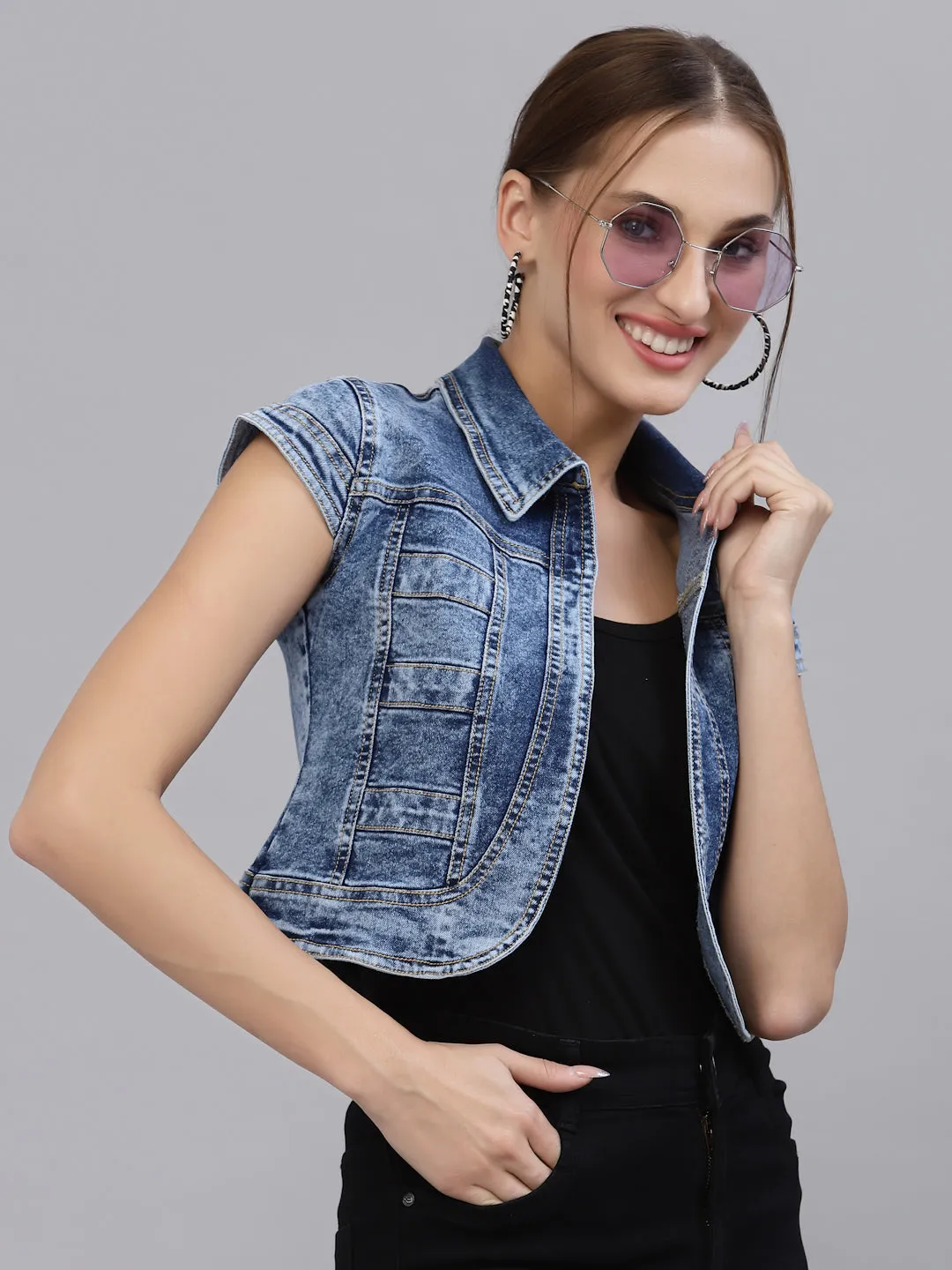 Style Quotient Women Blue Washed Checked Crop Denim Jacket