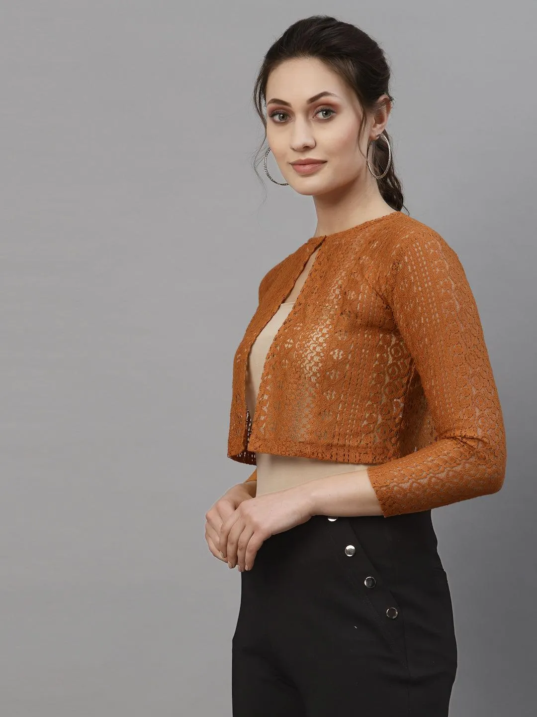 Style Quotient Women Brown Self Design Shrug