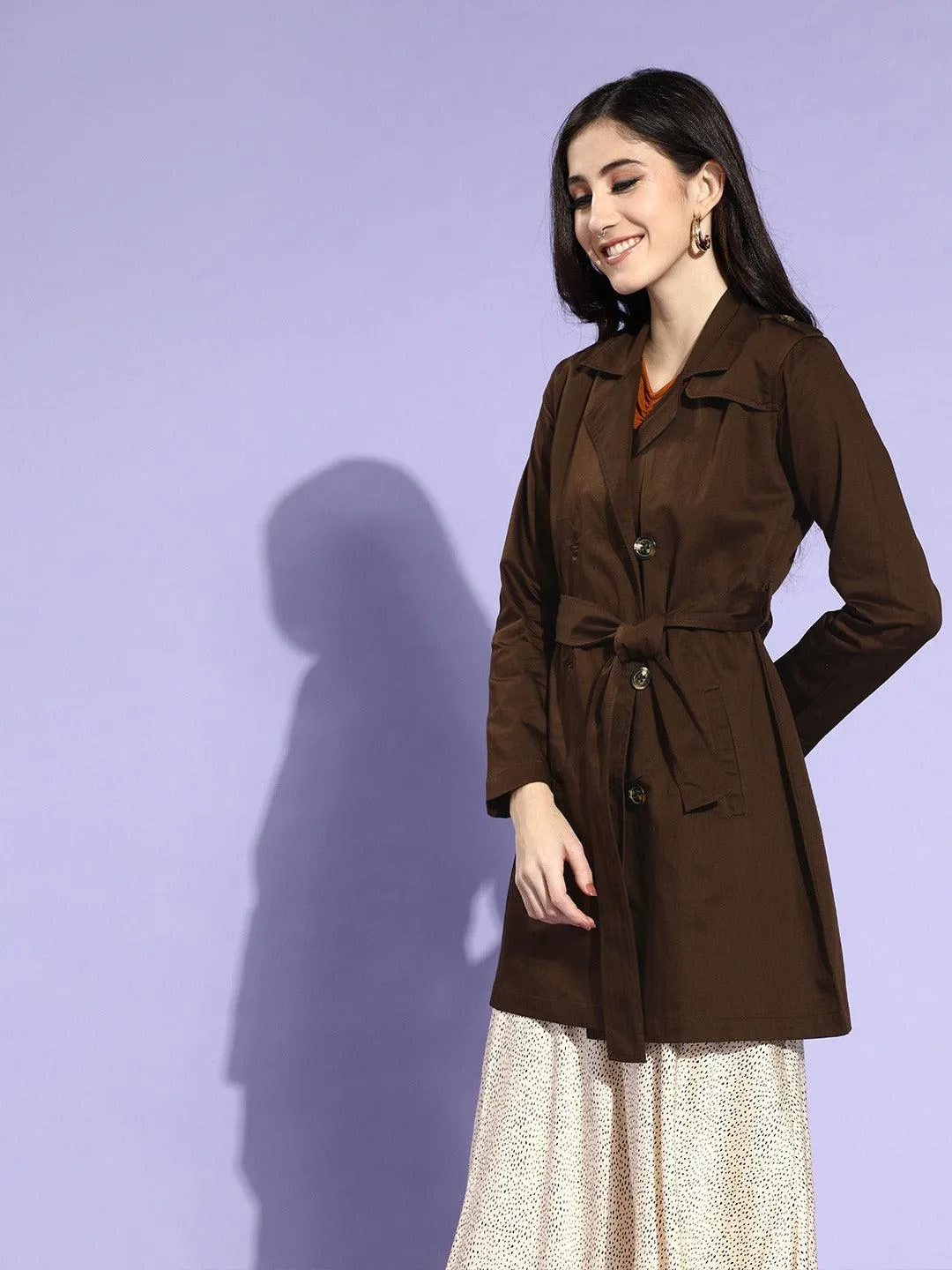 Style Quotient Women Brown Solid Double Breasted Trench Coat