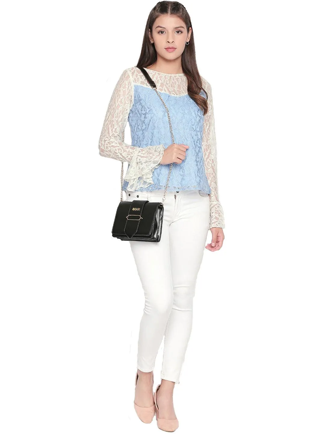 Style Quotient Women CHAMBRAY Boat Neck Self Design Fashion Tops