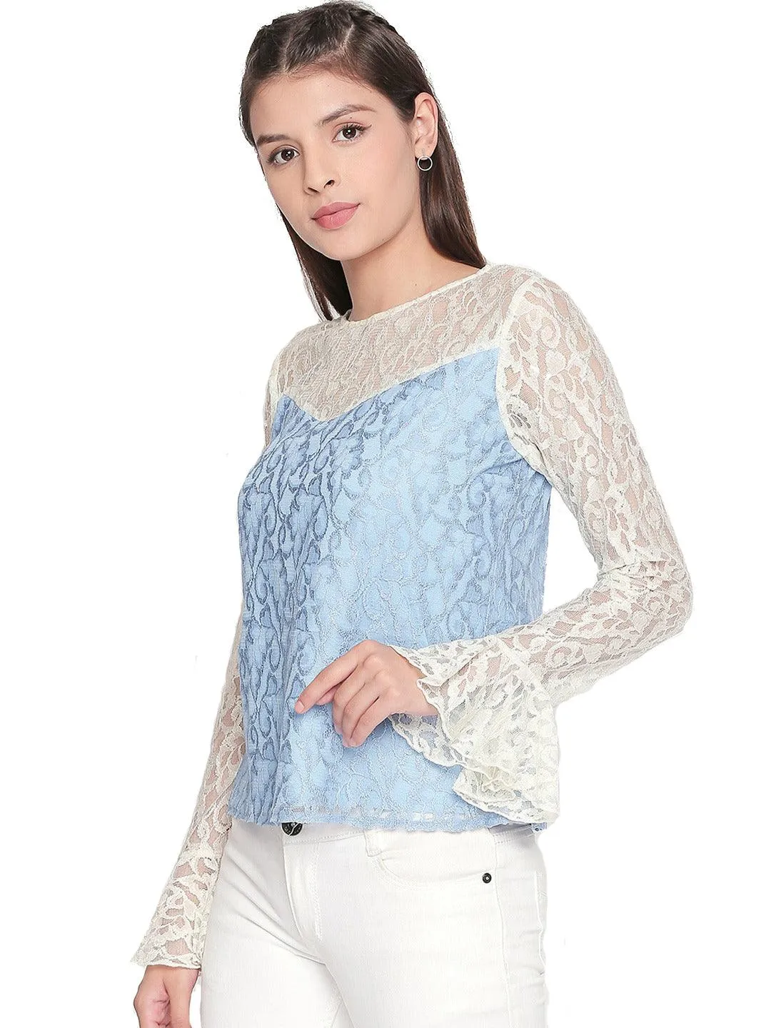 Style Quotient Women CHAMBRAY Boat Neck Self Design Fashion Tops