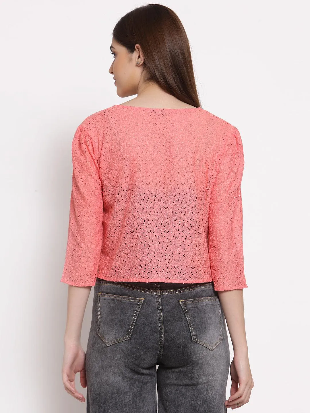 Style Quotient Women Coral Self Design Floral lace Regular Open Front Shrug