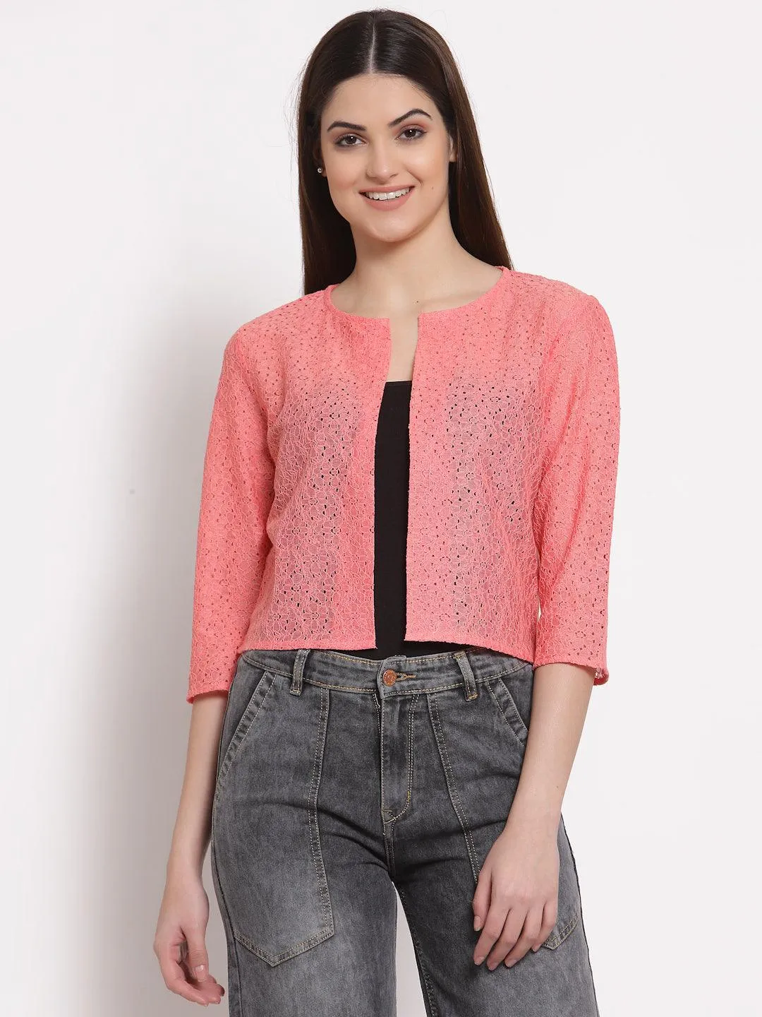 Style Quotient Women Coral Self Design Floral lace Regular Open Front Shrug