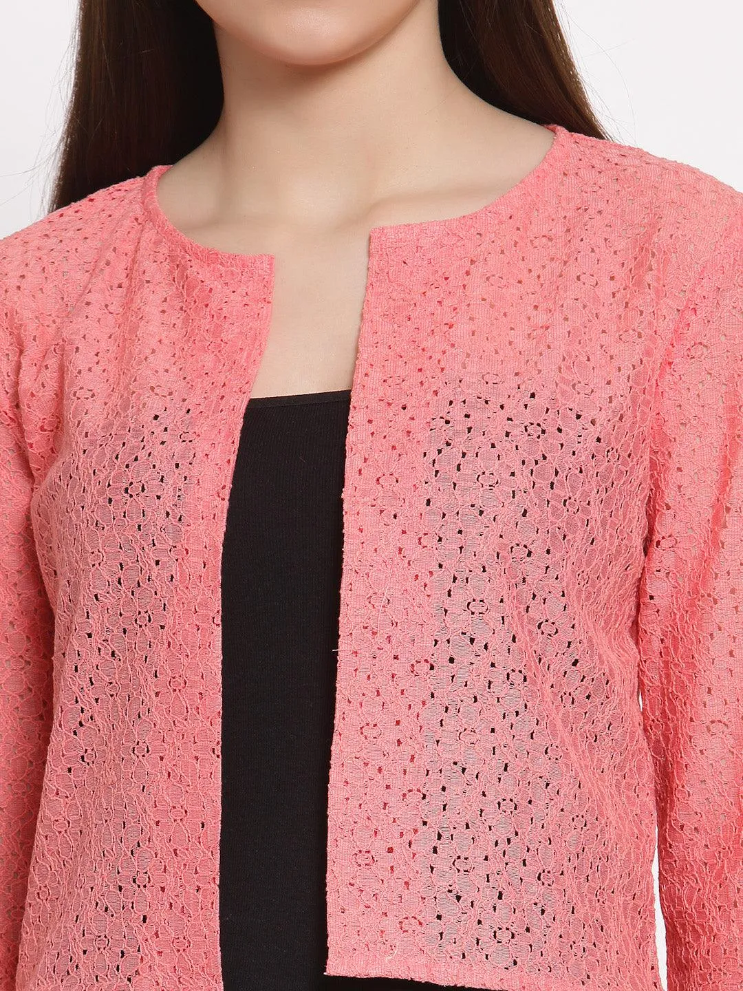 Style Quotient Women Coral Self Design Floral lace Regular Open Front Shrug