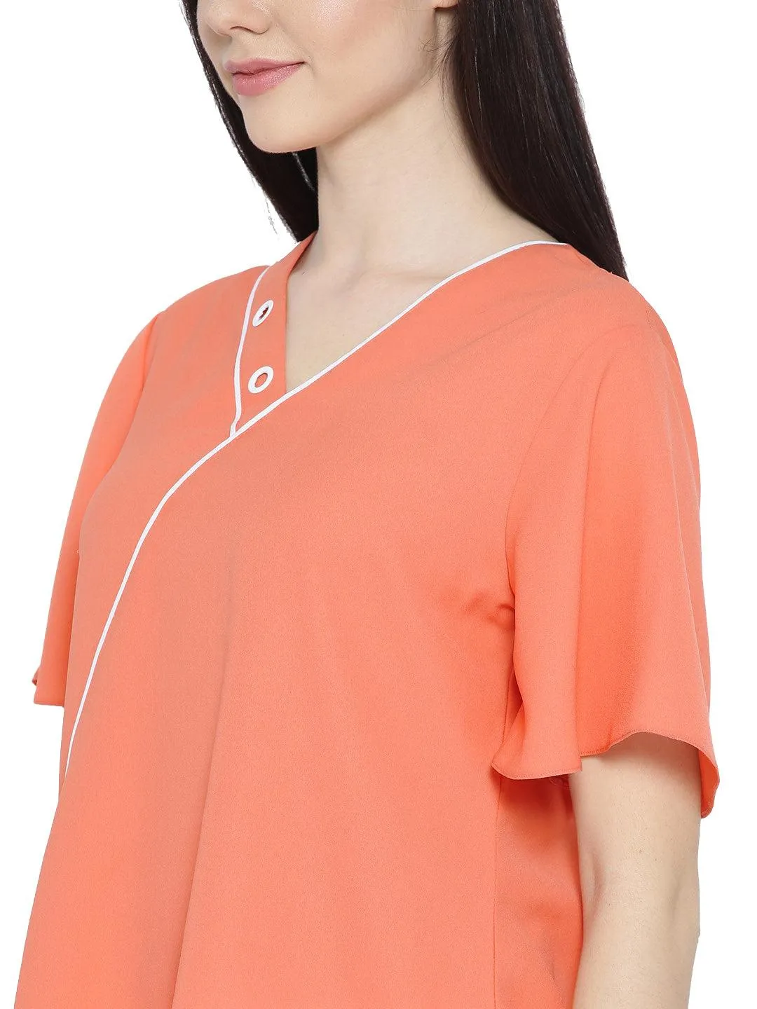 Style Quotient Women Coral V-Neck Solid Fashion Tops