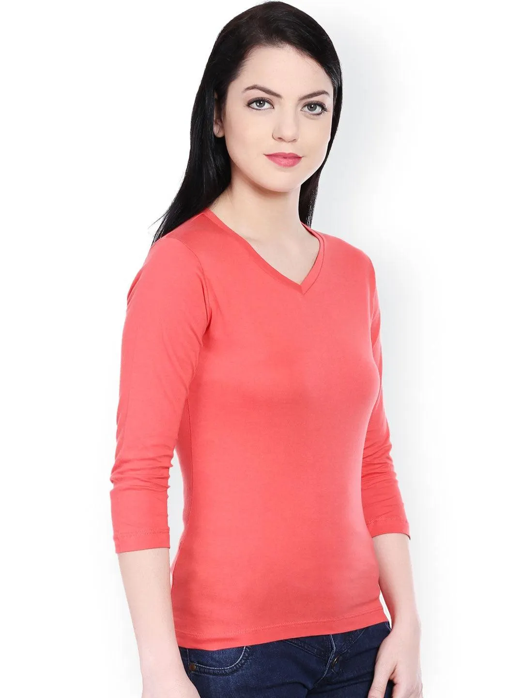 Style Quotient Women Coral V-Neck Solid Fashion Tshirts