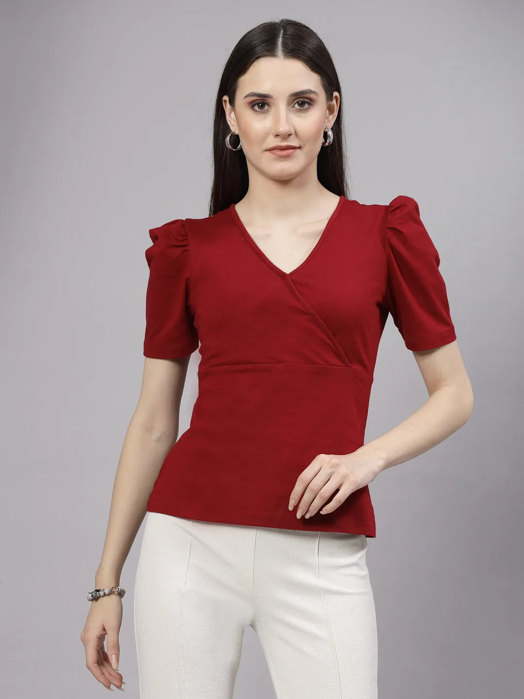 Style Quotient Women Fitted Maroon Overlap Top