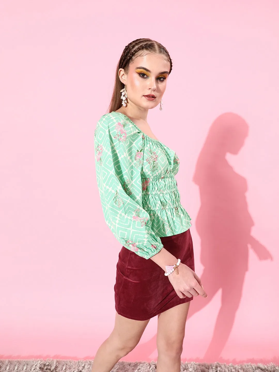 Style Quotient Women Green & Pink Floral Print Top