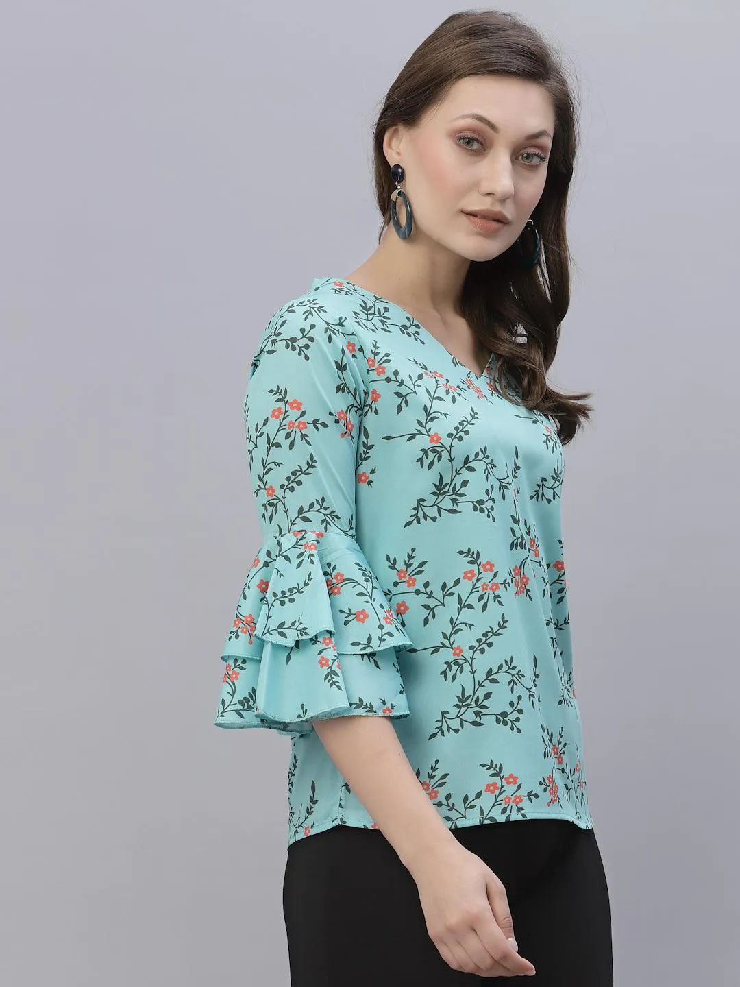 Style Quotient Women Green Floral Print Crepe Top