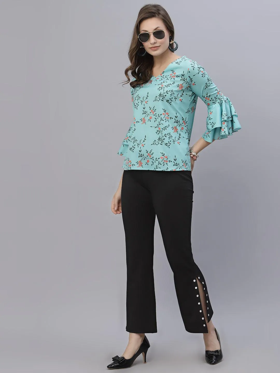 Style Quotient Women Green Floral Print Crepe Top