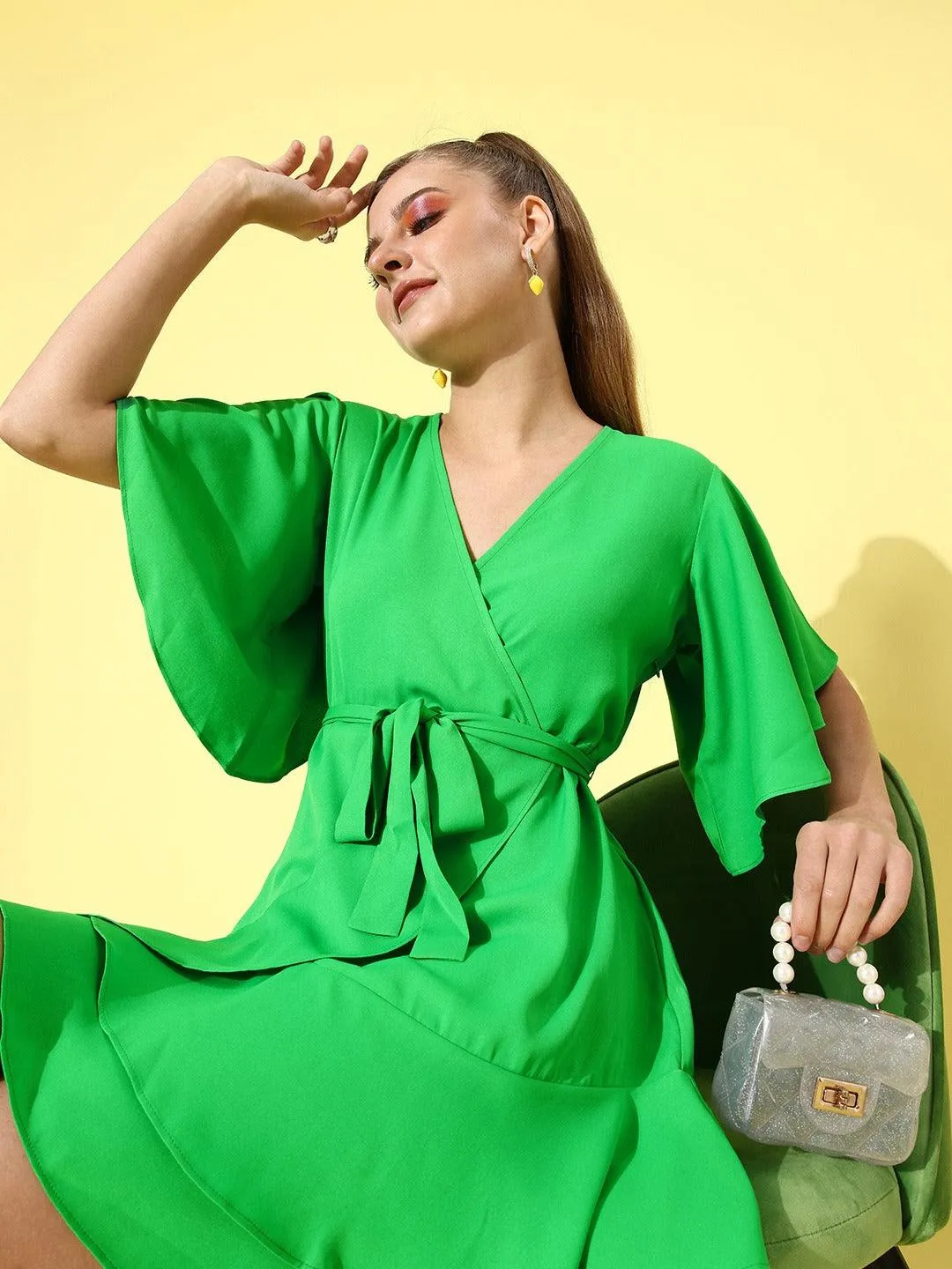 Style Quotient Women Green Solid Wrap Dress