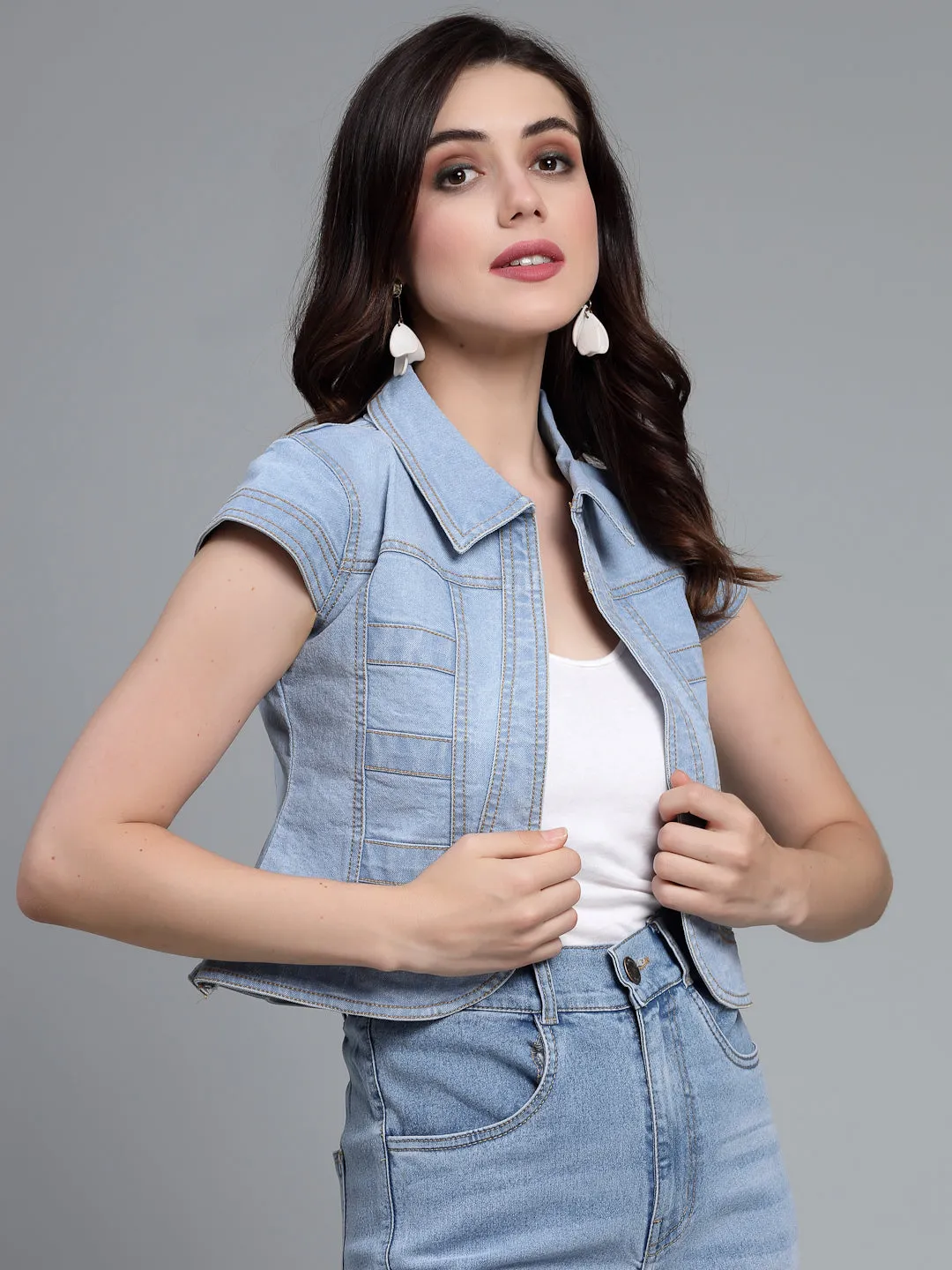 Style Quotient Women Ice Blue Denim Open Front Regular Shrug