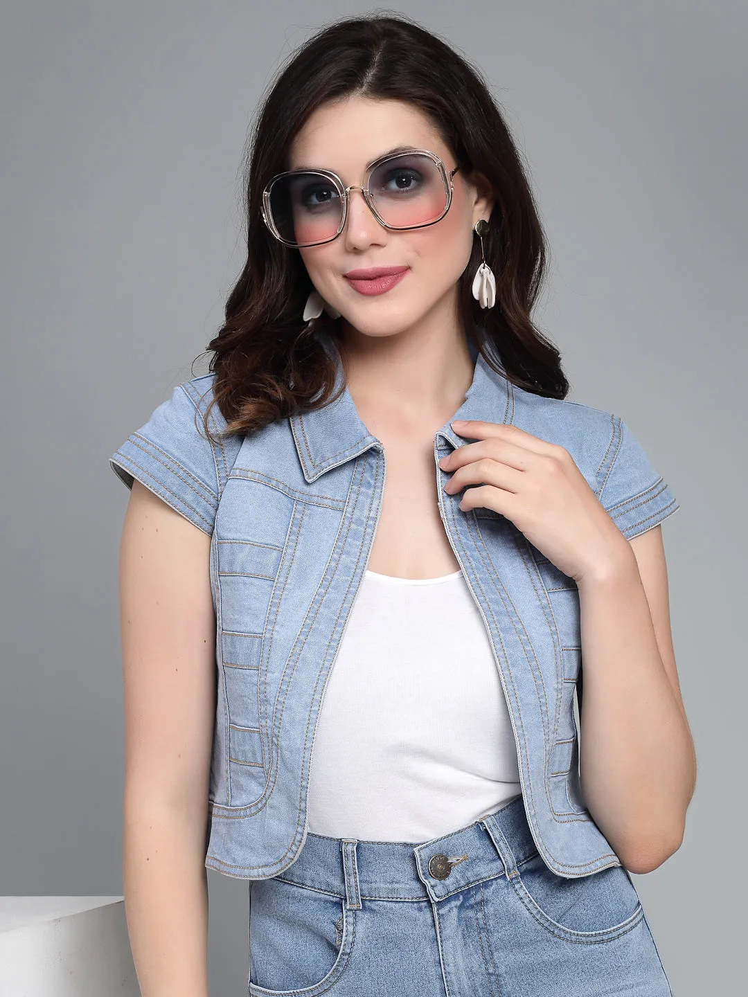 Style Quotient Women Ice Blue Denim Open Front Regular Shrug