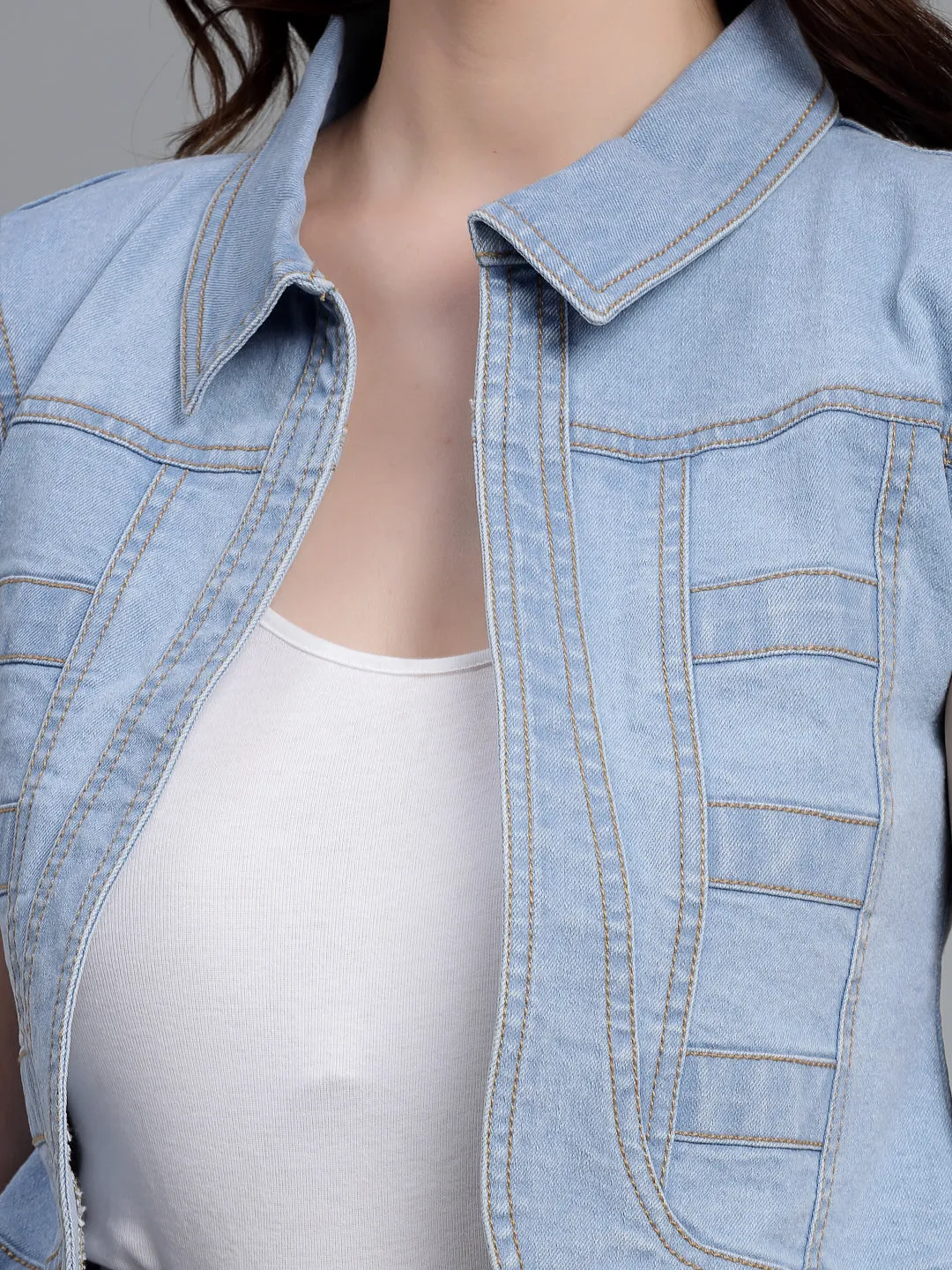 Style Quotient Women Ice Blue Denim Open Front Regular Shrug