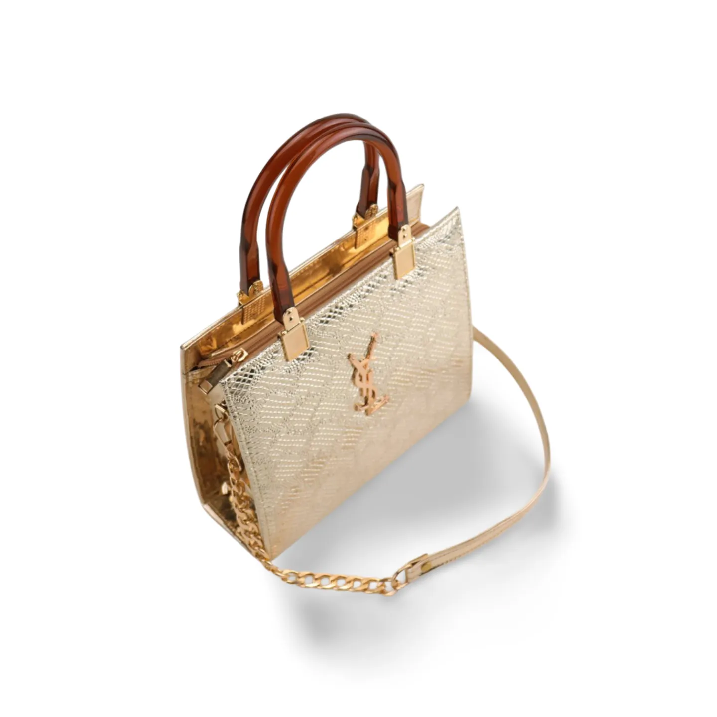 Stylish Crock Skin Handbag with Wooden Style Handles and Chain Strap