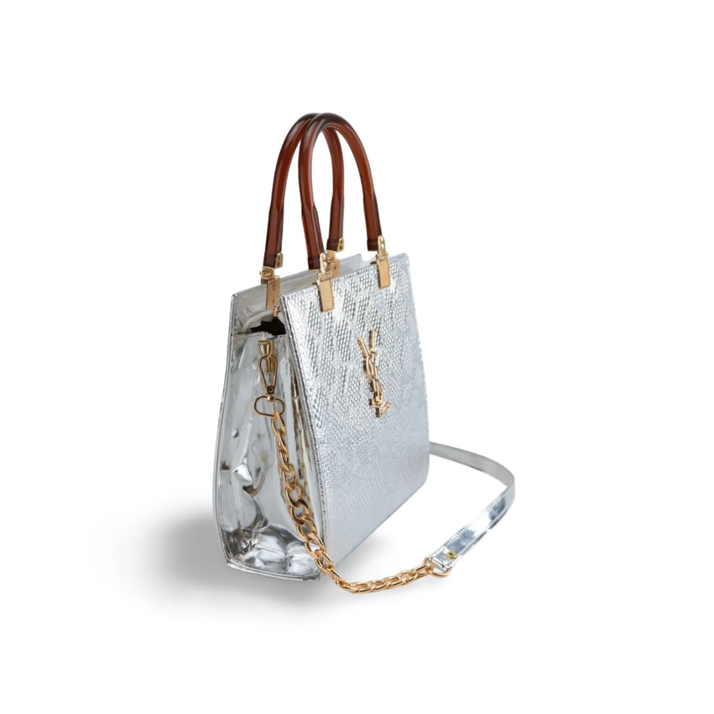 Stylish Crock Skin Handbag with Wooden Style Handles and Chain Strap