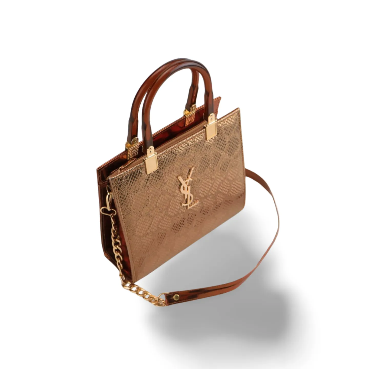 Stylish Crock Skin Handbag with Wooden Style Handles and Chain Strap