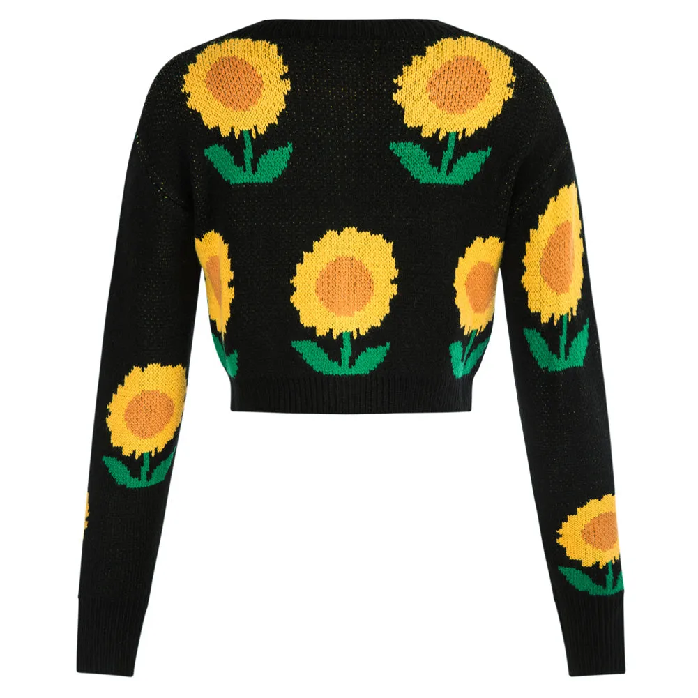 Sunflower Printed Cropped Cardigan Sweater Long Sleeve Crew Neck Button-up Knitwear