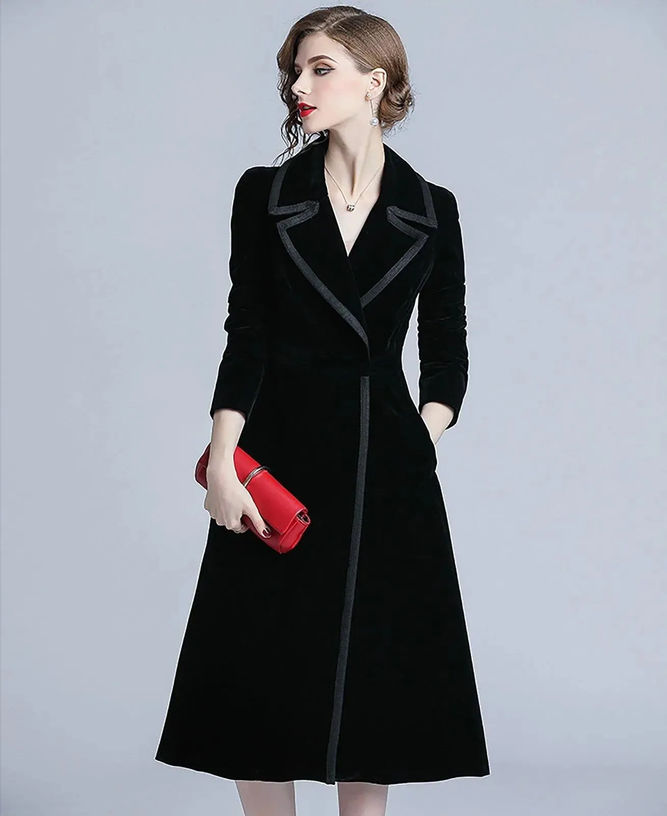 Velvet Buckle Belted Fit & Flare Blazer Coat