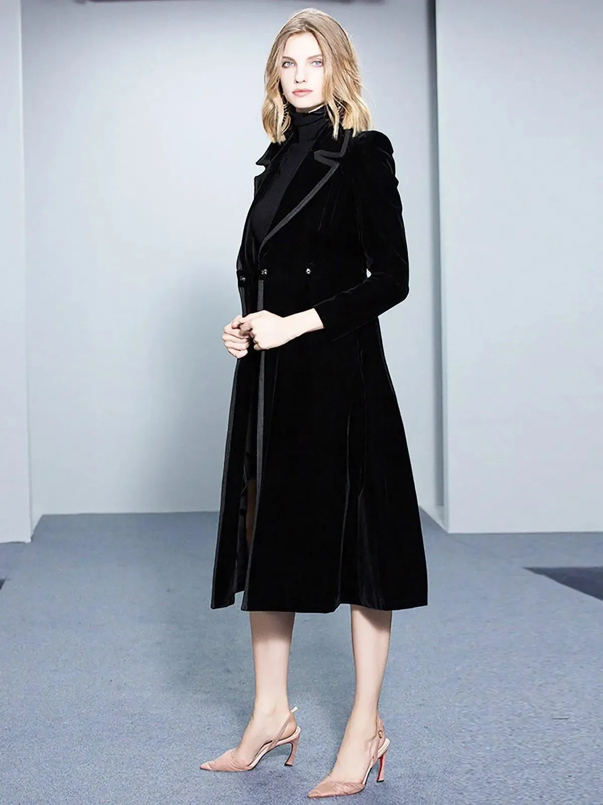 Velvet Buckle Belted Fit & Flare Blazer Coat